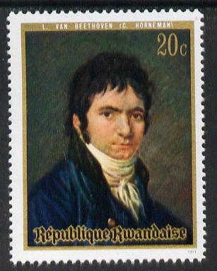 Rwanda 1971 portrait of Beethoven by Horneman 20c from set of 6 unmounted mint, SG 418*, stamps on personalities, stamps on beethoven, stamps on music, stamps on composers