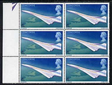 Great Britain 1969 First Flight of Concorde 4d positional block of 6 showing 'Oil Slick' flaw unmounted mint, SG 748var, stamps on aviation, stamps on concorde