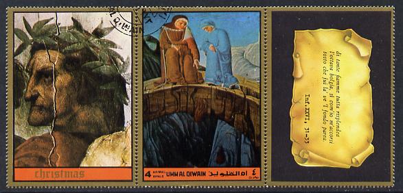 Umm Al Qiwain 1972 The Divine Comedy by Dante 4R showing couple dropping bags from bridge in fine cto used strip of three (1 stamp plus 2 labels), stamps on , stamps on  stamps on art, stamps on  stamps on literature