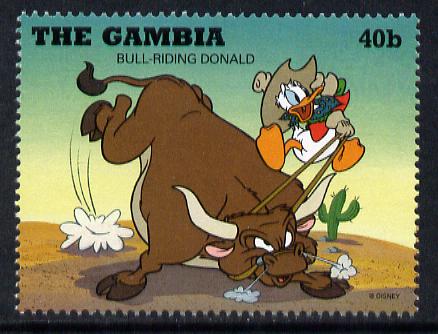 Gambia 1995 Donald Duck bull-riding 40b from Cowboys & Indians set unmounted mint, SG 2161, stamps on disney, stamps on americana, stamps on bull, stamps on rodeo, stamps on cactus