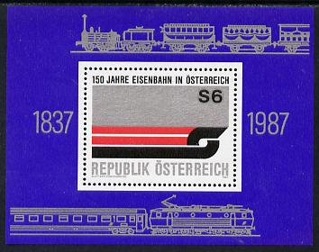 Austria 1987 150th Anniv of Austrian Railways sheetlet unmounted mint, SG MS2110, stamps on railways