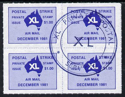 Australia 1986 Postal Strike XL private $1 Air Mail label in block of 4 with special XL cancellation, stamps on maps.postal, stamps on strike