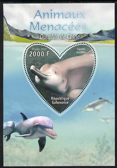 Gabon 2012 Endangered Species - China Dolphin perf souvenir sheet containing heart-shaped stamp unmounted mint, stamps on animals, stamps on  wwf , stamps on shaped, stamps on dolphins, stamps on marine life