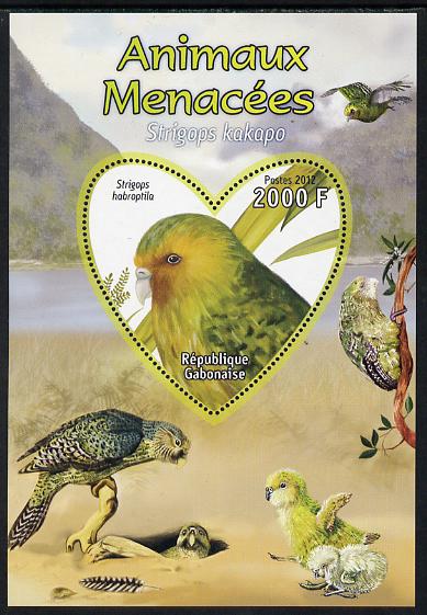 Gabon 2012 Endangered Species - Owl Parrot perf souvenir sheet containing heart-shaped stamp unmounted mint, stamps on , stamps on  stamps on animals, stamps on  stamps on  wwf , stamps on  stamps on shaped, stamps on  stamps on birds, stamps on  stamps on parrots
