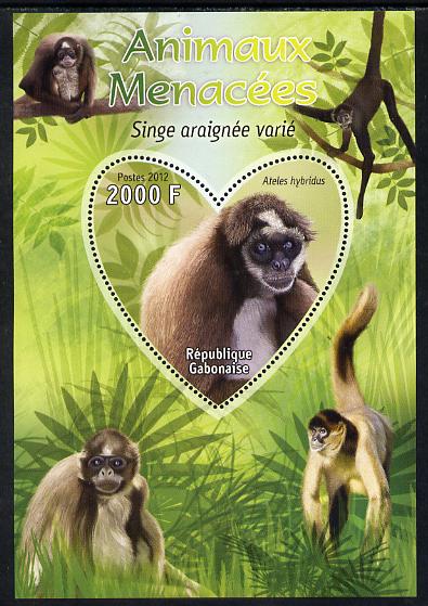 Gabon 2012 Endangered Species - Brown Spider Monkey perf souvenir sheet containing heart-shaped stamp unmounted mint, stamps on , stamps on  stamps on animals, stamps on  stamps on  wwf , stamps on  stamps on shaped, stamps on  stamps on monkeys, stamps on  stamps on apes