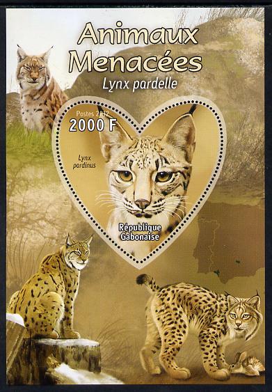 Gabon 2012 Endangered Species - Iberian Lynx perf souvenir sheet containing heart-shaped stamp unmounted mint, stamps on animals, stamps on  wwf , stamps on shaped, stamps on cats, stamps on lynx