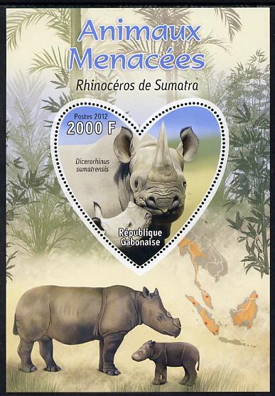 Gabon 2012 Endangered Species - Sumatran Rhinoceros perf souvenir sheet containing heart-shaped stamp unmounted mint, stamps on animals, stamps on  wwf , stamps on shaped, stamps on rhinos