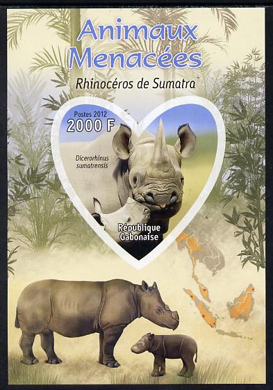 Gabon 2012 Endangered Species - Sumatran Rhinoceros imperf souvenir sheet containing heart-shaped stamp unmounted mint, stamps on animals, stamps on  wwf , stamps on shaped, stamps on rhinos