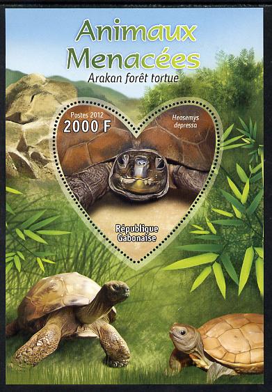 Gabon 2012 Endangered Species - Arakan Forest Turtle perf souvenir sheet containing heart-shaped stamp unmounted mint, stamps on animals, stamps on  wwf , stamps on shaped, stamps on reptiles, stamps on turtles