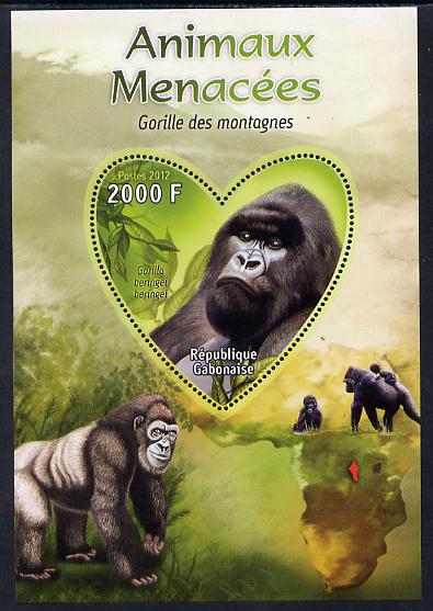 Gabon 2012 Endangered Species - Mountain Gorilla perf souvenir sheet containing heart-shaped stamp unmounted mint, stamps on animals, stamps on  wwf , stamps on shaped, stamps on gorillas, stamps on apes