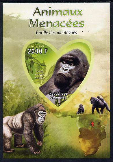 Gabon 2012 Endangered Species - Mountain Gorilla imperf souvenir sheet containing heart-shaped stamp unmounted mint, stamps on animals, stamps on  wwf , stamps on shaped, stamps on gorillas, stamps on apes