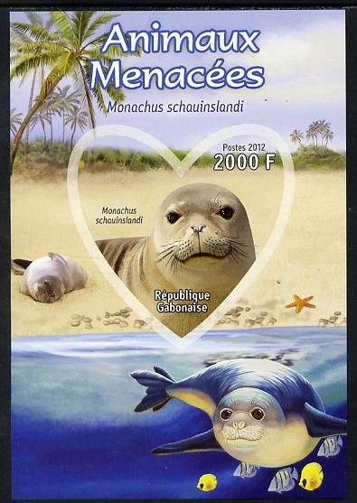Gabon 2012 Endangered Species - Hawaiian Monk Seal imperf souvenir sheet containing heart-shaped stamp unmounted mint, stamps on animals, stamps on  wwf , stamps on shaped, stamps on seals, stamps on marine life