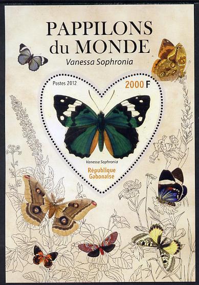 Gabon 2012 Butterflies of the World #2 - Vanessa sophronia perf souvenir sheet containing heart-shaped stamp unmounted mint, stamps on butterflies, stamps on shaped, stamps on 
