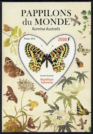Gabon 2012 Butterflies of the World #3 - Rumina australis perf souvenir sheet containing heart-shaped stamp unmounted mint, stamps on butterflies, stamps on shaped, stamps on 