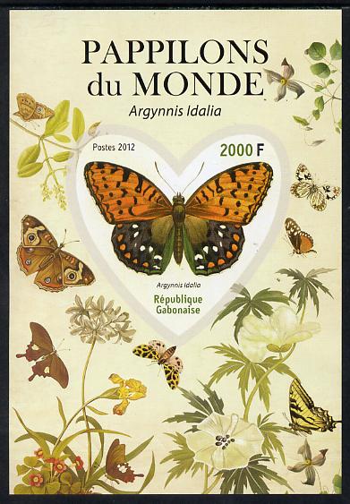 Gabon 2012 Butterflies of the World #4 - Argynnis idalia imperf souvenir sheet containing heart-shaped stamp unmounted mint, stamps on butterflies, stamps on shaped, stamps on 