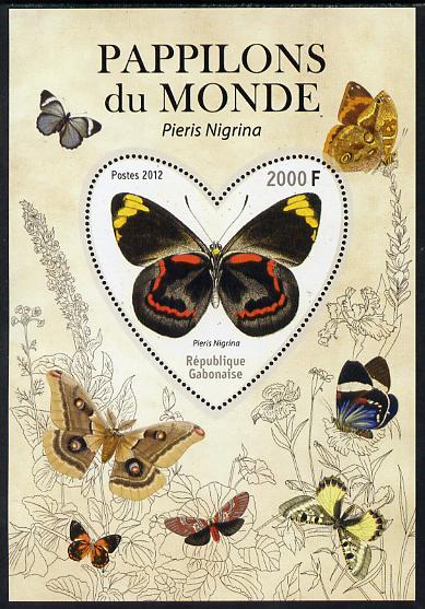 Gabon 2012 Butterflies of the World #5 - Pieris nigrina perf souvenir sheet containing heart-shaped stamp unmounted mint, stamps on butterflies, stamps on shaped, stamps on 
