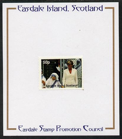 Easdale 1997 Diana, The Peoples Princess with Mother Teresa 50p mounted on Publicity proof card issued by the Easdale Stamp Promotion Council , stamps on royalty, stamps on diana, stamps on personalities, stamps on nobel, stamps on teresa