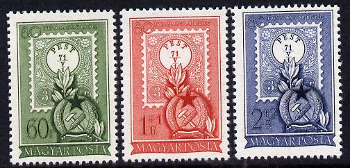 Hungary 1951 80th Anniversary of First Hungarian Stamp set of 3 unmounted mint SG 1197-99, stamps on stamp on stamp, stamps on stamponstamp, stamps on stamp centenaries