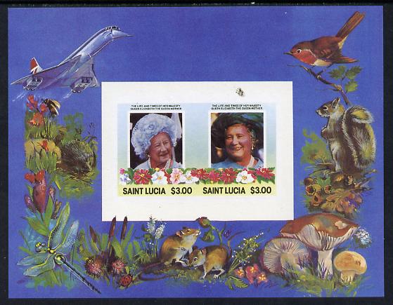 St Lucia 1985 Life & Times of HM Queen Mother m/sheet containing 2 x $3 values (depicts Concorde, Fungi, Butterflies, Birds & Animals) imperforate with silver (inscriptions) omitted, unmounted mint and only recently discovered, stamps on animals, stamps on aviation, stamps on birds, stamps on butterflies, stamps on fungi, stamps on royalty, stamps on queen mother, stamps on concorde, stamps on aviation