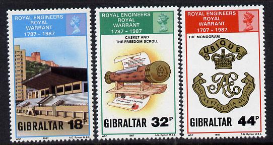 Gibraltar 1987 Bicentenary of Royal Engineers perf set of 3 unmounted mint SG 582-4, stamps on militaria, stamps on badges