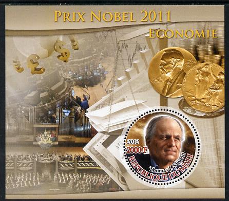 Mali 2012 Nobel Prize Winners of 2011 - Thomas J Sargent (Economics) perf souvenir sheet containing circular-shaped stamp unmounted mint, stamps on nobel, stamps on shaped, stamps on economics