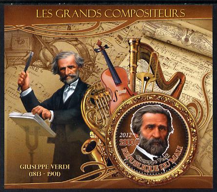 Mali 2012 The Great Composers - Giuseppe Verdi perf souvenir sheet containing circular-shaped stamp unmounted mint, stamps on music, stamps on composers, stamps on shaped, stamps on musical instruments, stamps on verdi
