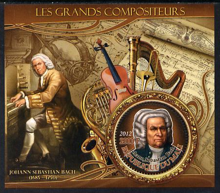 Mali 2012 The Great Composers - Johannes Sebastian Bach perf souvenir sheet containing circular-shaped stamp unmounted mint, stamps on , stamps on  stamps on music, stamps on  stamps on composers, stamps on  stamps on shaped, stamps on  stamps on musical instruments, stamps on  stamps on bach