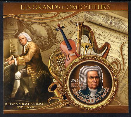 Mali 2012 The Great Composers - Johannes Sebastian Bach imperf souvenir sheet containing circular-shaped stamp unmounted mint, stamps on music, stamps on composers, stamps on shaped, stamps on musical instruments, stamps on bach