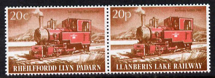 Cinderella - Llanberis Lake Railway se-tenant bi-lingual pair letter stamps 20c/20p unmounted mint , stamps on railways