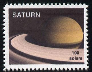 Planet Saturn (Fantasy) 100 solars perf label for inter-galactic mail unmounted mint on ungummed paper with white border, stamps on space, stamps on planets, stamps on cinderella, stamps on sci-fi