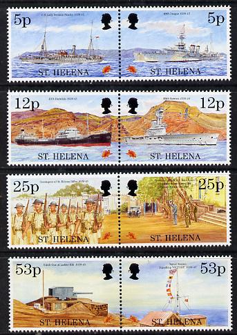 St Helena 1995 50th Anniversary of end of World War II perf set of 8 (4 se-tenant pairs) unmounted mint SG 690-97, stamps on ships, stamps on  ww2 , stamps on flat tops, stamps on militaria