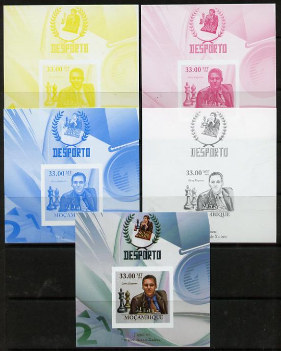 Mozambique 2010 Chess Players - Garry Kaspapov m/sheet - the set of 5 imperf progressive proofs comprising the 4 individual colours plus all 4-colour composite, unmounted mint , stamps on personalities, stamps on chess
