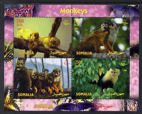Somalia 2004 Monkeys perf sheetlet containing 4 values unmounted mint. Note this item is privately produced and is offered purely on its thematic appeal, stamps on animals, stamps on monkeys, stamps on apes, stamps on 