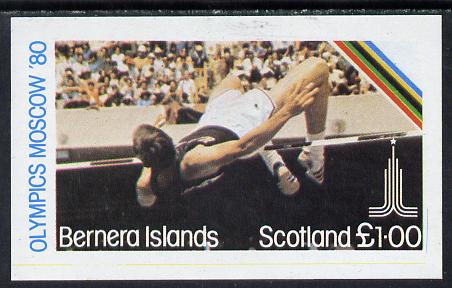 Bernera 1980 Olympic Games imperf souvenir sheet (Â£1 value showing High Jump) unmounted mint, stamps on sport  olympics    high jump
