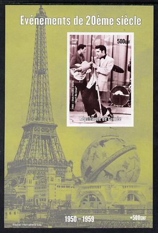 Guinea - Conakry 1998 Events of the 20th Century 1950-1959 Elvis Presley sings 'Don't be Cruel' imperf souvenir sheet unmounted mint. Note this item is privately produced and is offered purely on its thematic appeal, stamps on millennium, stamps on eiffel tower, stamps on personalities, stamps on elvis, stamps on music, stamps on films, stamps on cinema, stamps on movies, stamps on pops, stamps on rock