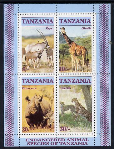Tanzania 1986 Endangered Animals m/sheet unmounted mint SG MS 483, stamps on animals, stamps on giraffe, stamps on rhino, stamps on cats
