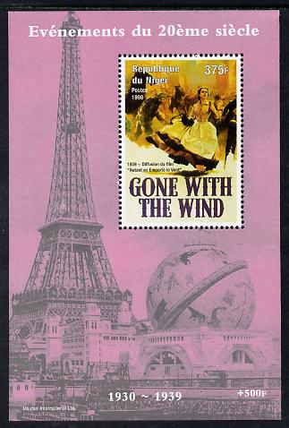 Niger Republic 1998 Events of the 20th Century 1930-1939 Release of Gone With the Wind perf souvenir sheet unmounted mint. Note this item is privately produced and is off..., stamps on millennium, stamps on eiffel tower, stamps on films, stamps on cinema, stamps on movies, stamps on 