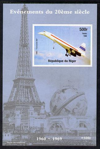 Niger Republic 1998 Events of the 20th Century 1960-1969 Concorde 002 imperf souvenir sheet unmounted mint. Note this item is privately produced and is offered purely on its thematic appeal, stamps on , stamps on  stamps on millennium, stamps on  stamps on eiffel tower, stamps on  stamps on aviation, stamps on  stamps on concorde