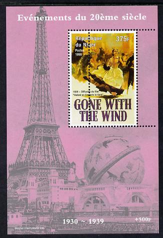 Niger Republic 1998 Events of the 20th Century 1930-1939 Release of Gone With the Wind perf souvenir sheet with perforations doubled unmounted mint, stamps on millennium, stamps on eiffel tower, stamps on films, stamps on cinema, stamps on movies, stamps on 
