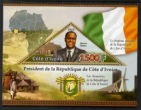 Ivory Coast 2012 President Alassane Ouattara perf m/sheet containing triangular shaped 1500F value unmounted mint , stamps on , stamps on  stamps on personalities, stamps on  stamps on constitutions, stamps on  stamps on triangular, stamps on  stamps on shaped, stamps on  stamps on maps, stamps on  stamps on flags, stamps on  stamps on arms