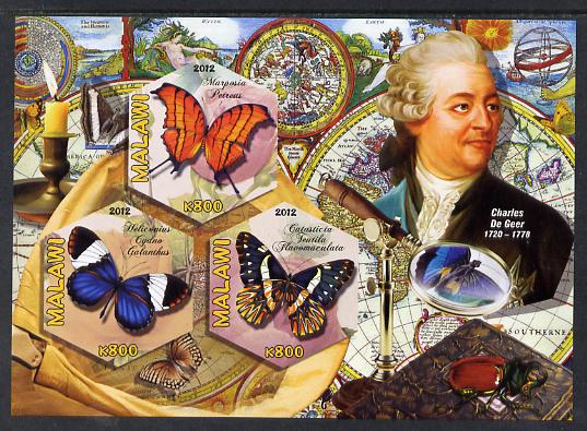 Malawi 2012 Butterflies & Entomologists - Charles De Geer imperf sheetlet containing 3 hexagonal shaped values unmounted mint , stamps on personalities, stamps on butterflies, stamps on hexagonal, stamps on shaped, stamps on telescopes