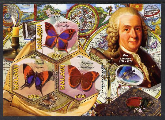 Malawi 2012 Butterflies & Entomologists - Carl Linnaeus perf sheetlet containing 3 hexagonal shaped values unmounted mint , stamps on personalities, stamps on butterflies, stamps on hexagonal, stamps on shaped, stamps on telescopes