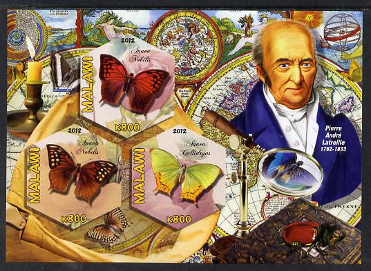 Malawi 2012 Butterflies & Entomologists - Pierre Andre Latreille imperf sheetlet containing 3 hexagonal shaped values unmounted mint , stamps on personalities, stamps on butterflies, stamps on hexagonal, stamps on shaped, stamps on telescopes