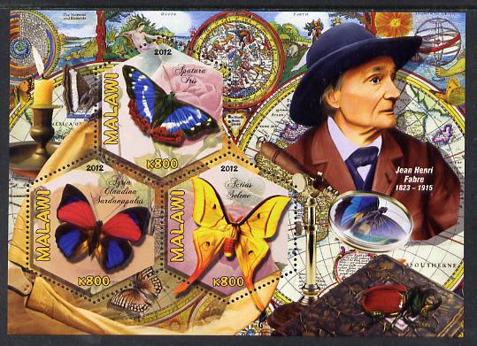 Malawi 2012 Butterflies & Entomologists - Jean Henri Fabre perf sheetlet containing 3 hexagonal shaped values unmounted mint , stamps on , stamps on  stamps on personalities, stamps on  stamps on butterflies, stamps on  stamps on hexagonal, stamps on  stamps on shaped, stamps on  stamps on telescopes