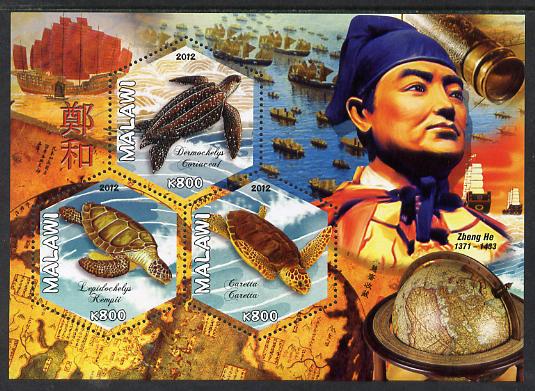 Malawi 2012 Zheng He perf sheetlet containing 3 hexagonal shaped values unmounted mint , stamps on personalities, stamps on hexagonal, stamps on shaped, stamps on turtles, stamps on explorers, stamps on telescopes, stamps on globes