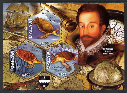 Malawi 2012 Sir Francis Drake perf sheetlet containing 3 hexagonal shaped values unmounted mint , stamps on personalities, stamps on hexagonal, stamps on shaped, stamps on turtles, stamps on explorers, stamps on telescopes, stamps on globes, stamps on drake, stamps on ships