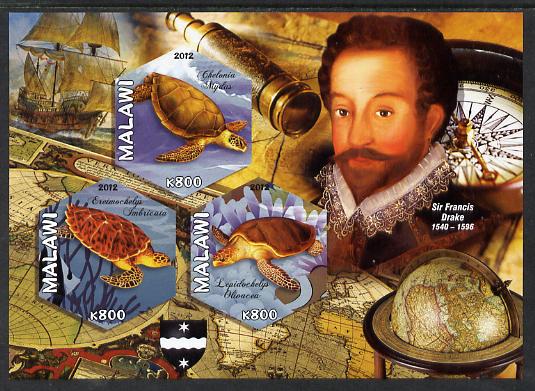 Malawi 2012 Sir Francis Drake imperf sheetlet containing 3 hexagonal shaped values unmounted mint , stamps on personalities, stamps on hexagonal, stamps on shaped, stamps on turtles, stamps on explorers, stamps on telescopes, stamps on globes, stamps on drake, stamps on ships