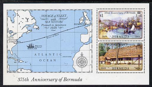 Bermuda 1984 375th Anniversary of First Settlement perf m/sheet unmounted mint, SG MS 477, stamps on settlers, stamps on ships, stamps on maps