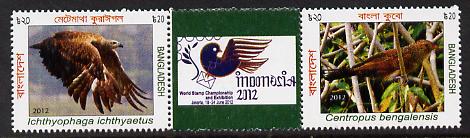Bangladesh 2012 World Stamp Championships - Birds strip of 2 plus label unmounted mint, stamps on stamp exhibitions, stamps on birds