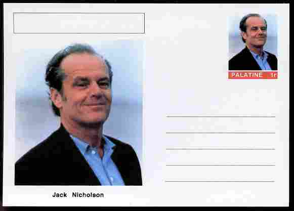 Palatine (Fantasy) Personalities - Jack Nicholson (comic actor) postal stationery card unused and fine, stamps on personalities, stamps on films, stamps on cinema, stamps on movies, stamps on comedy, stamps on 